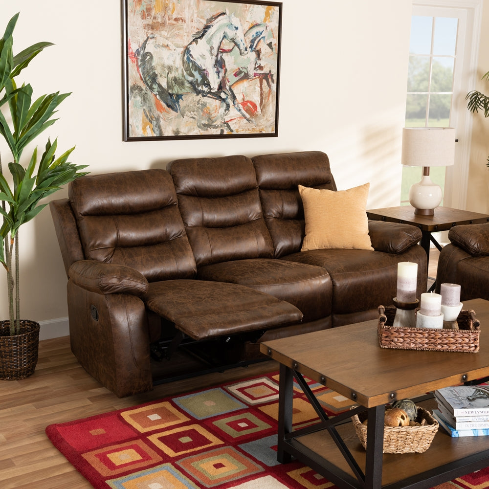 BAXTON STUDIO BEASELY MODERN AND CONTEMPORARY DISTRESSED BROWN FAUX LEATHER UPHOLSTERED 3-SEATER RECLINING SOFA