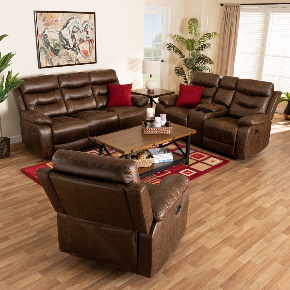 Baxton Studio Beasely Modern And Contemporary Distressed Brown Faux Leather Upholstered 3-Piece Living Room Set