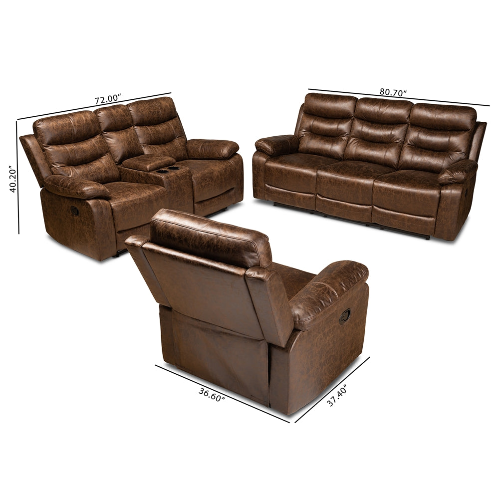 Baxton Studio Beasely Modern And Contemporary Distressed Brown Faux Leather Upholstered 3-Piece Living Room Set