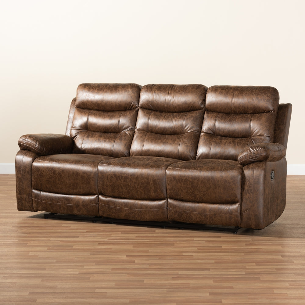 Baxton Studio Beasely Modern And Contemporary Distressed Brown Faux Leather Upholstered 3-Seater Reclining Sofa