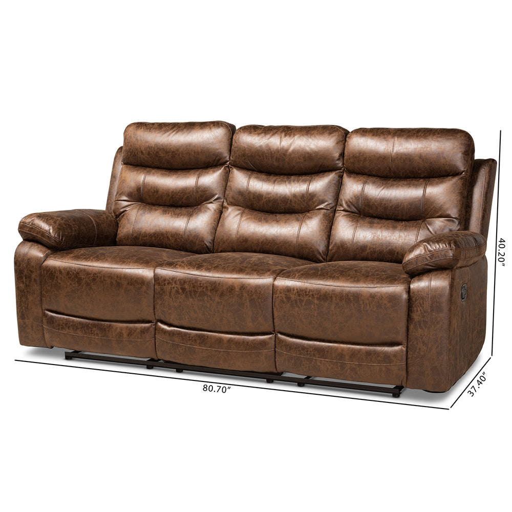 Baxton Studio Beasely Modern And Contemporary Distressed Brown Faux Leather Upholstered 3-Seater Reclining Sofa