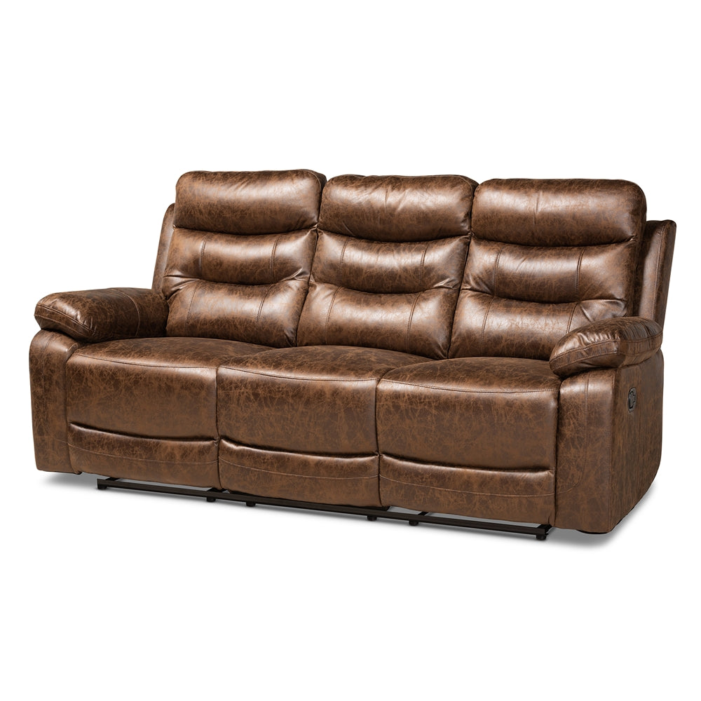 Baxton Studio Beasely Modern And Contemporary Distressed Brown Faux Leather Upholstered 3-Seater Reclining Sofa