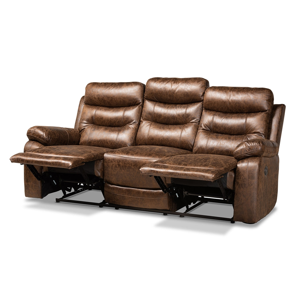 Baxton Studio Beasely Modern And Contemporary Distressed Brown Faux Leather Upholstered 3-Seater Reclining Sofa