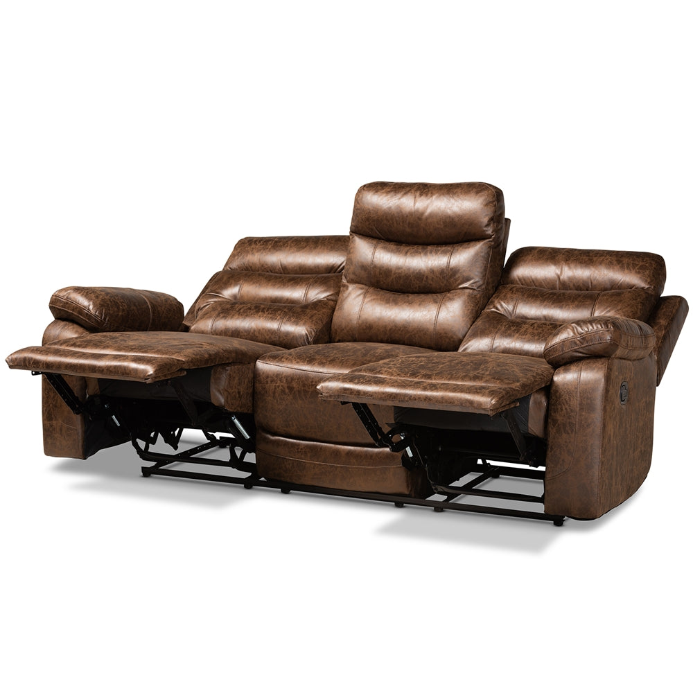 Baxton Studio Beasely Modern And Contemporary Distressed Brown Faux Leather Upholstered 3-Seater Reclining Sofa