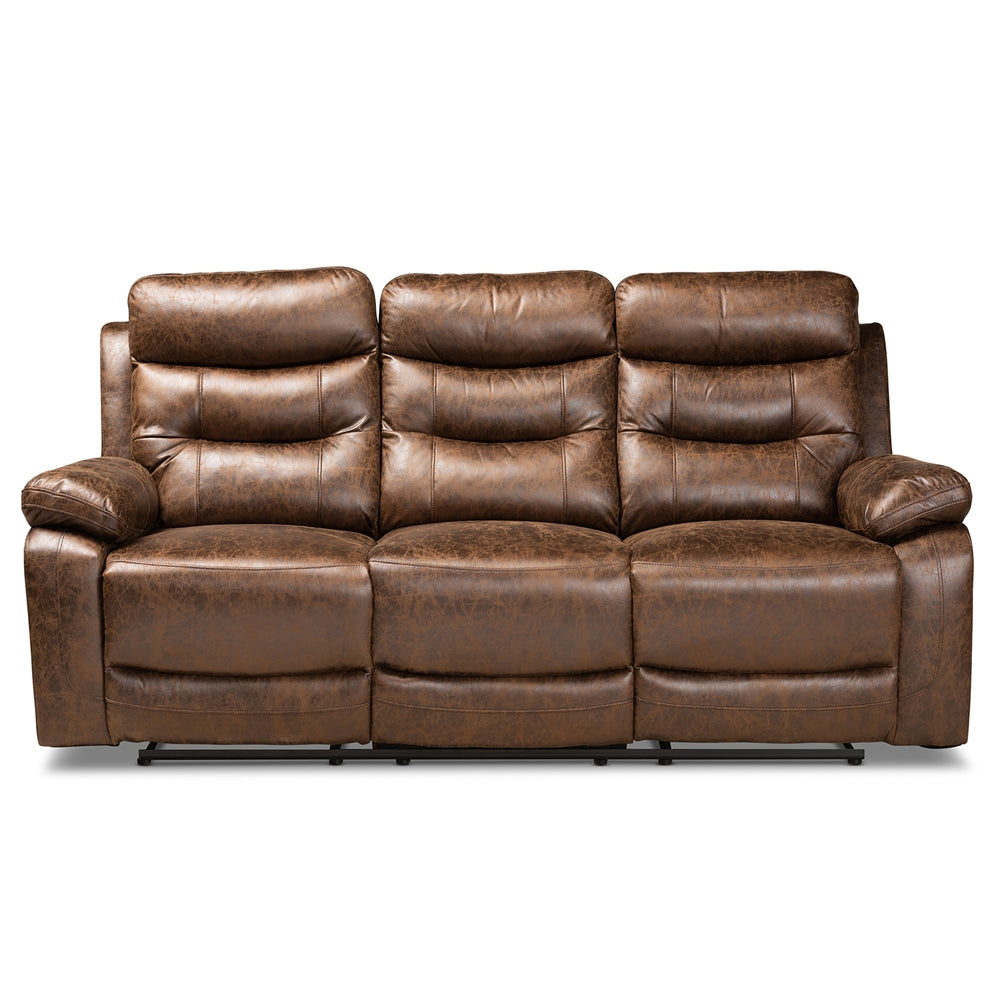 Baxton Studio Beasely Modern And Contemporary Distressed Brown Faux Leather Upholstered 3-Seater Reclining Sofa