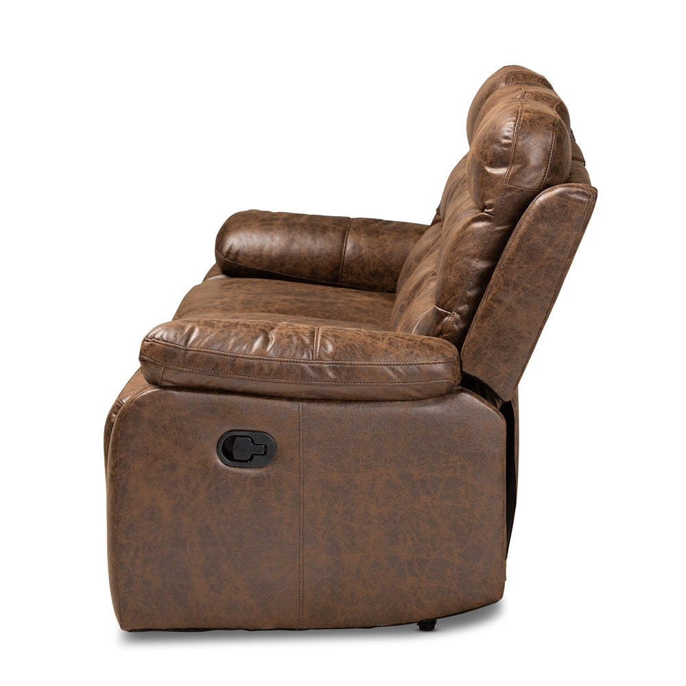 Baxton Studio Beasely Modern And Contemporary Distressed Brown Faux Leather Upholstered 3-Seater Reclining Sofa