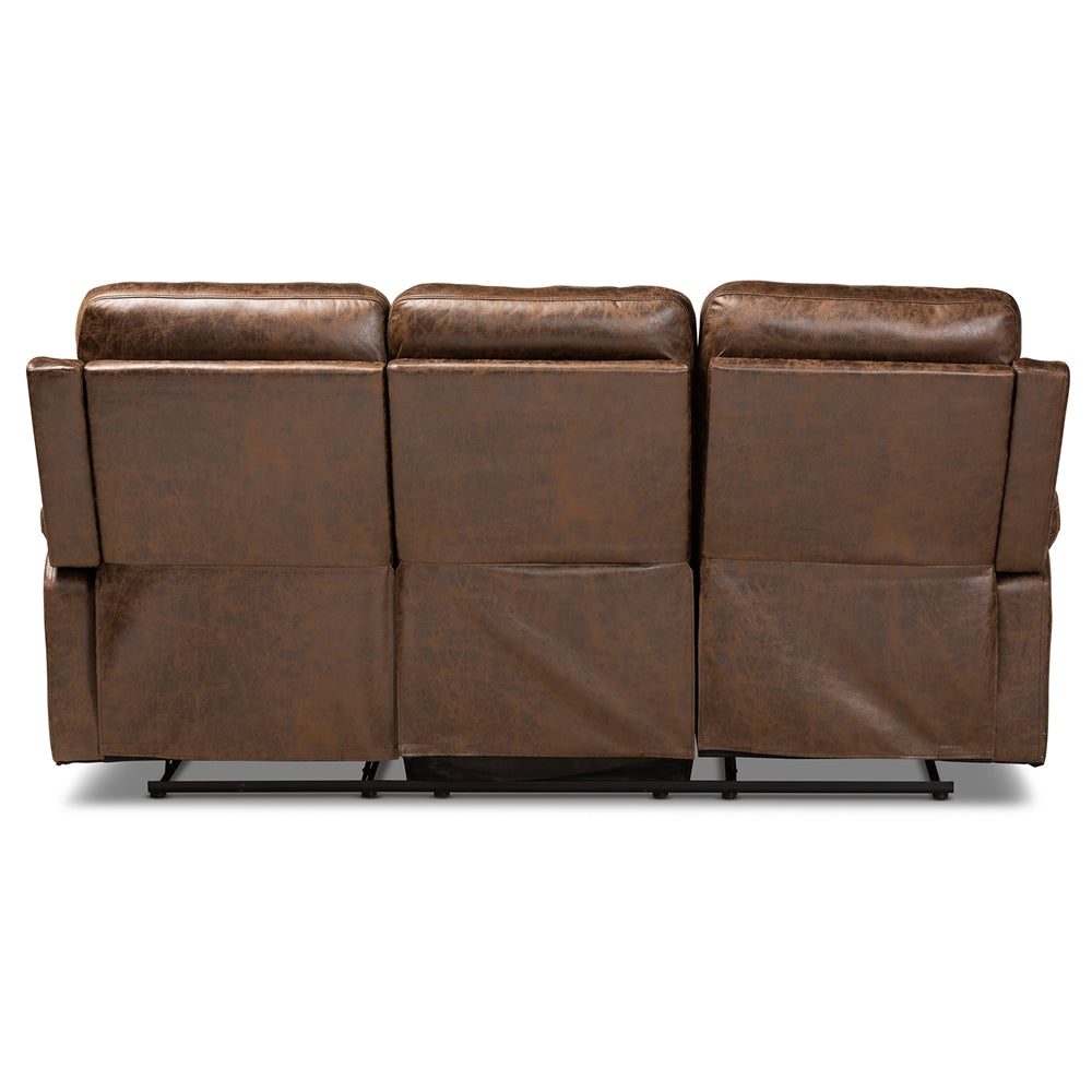 Baxton Studio Beasely Modern And Contemporary Distressed Brown Faux Leather Upholstered 3-Seater Reclining Sofa