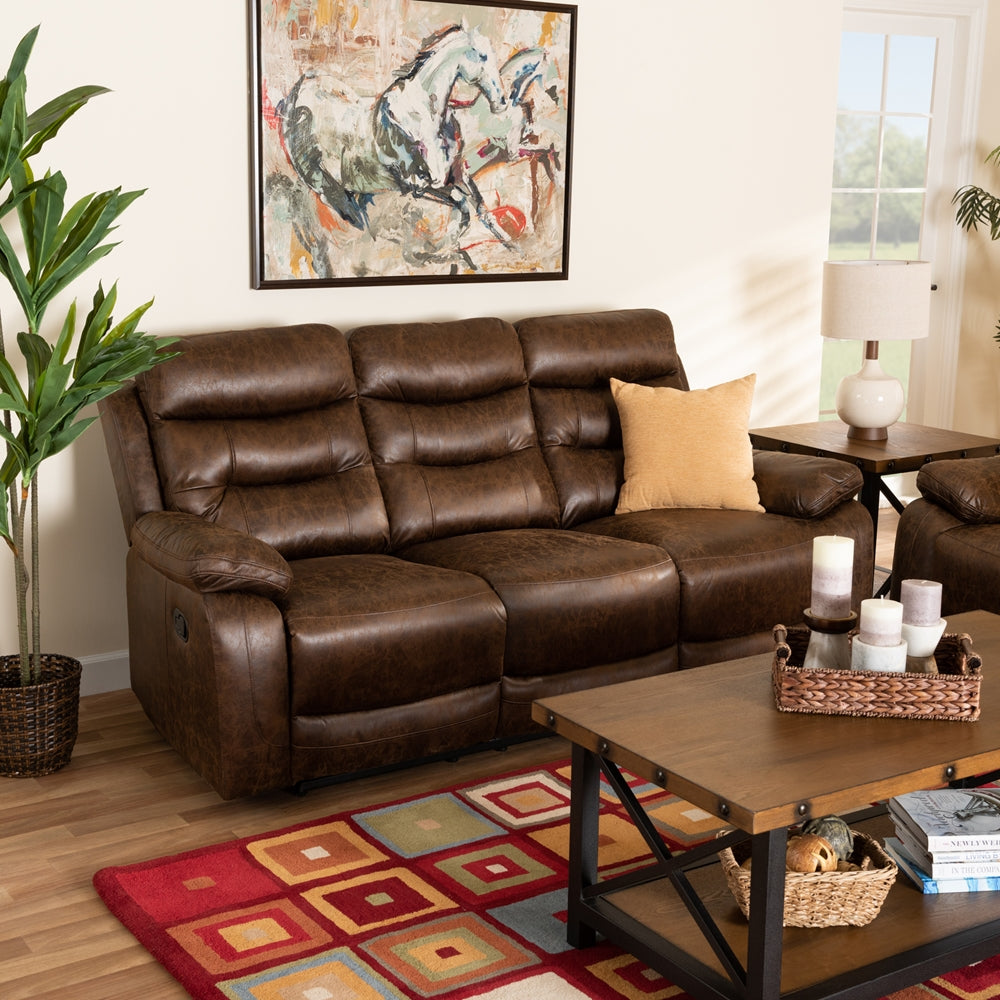 Baxton Studio Beasely Modern And Contemporary Distressed Brown Faux Leather Upholstered 3-Seater Reclining Sofa