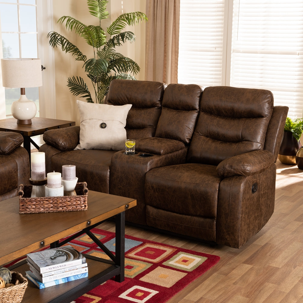 Baxton Studio Beasely Modern And Contemporary Distressed Brown Faux Leather Upholstered 2-Seater Reclining Loveseat