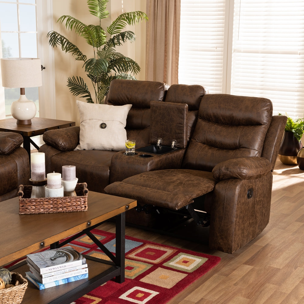 BAXTON STUDIO BEASELY MODERN AND CONTEMPORARY DISTRESSED BROWN FAUX LEATHER UPHOLSTERED 2-SEATER RECLINING LOVESEAT