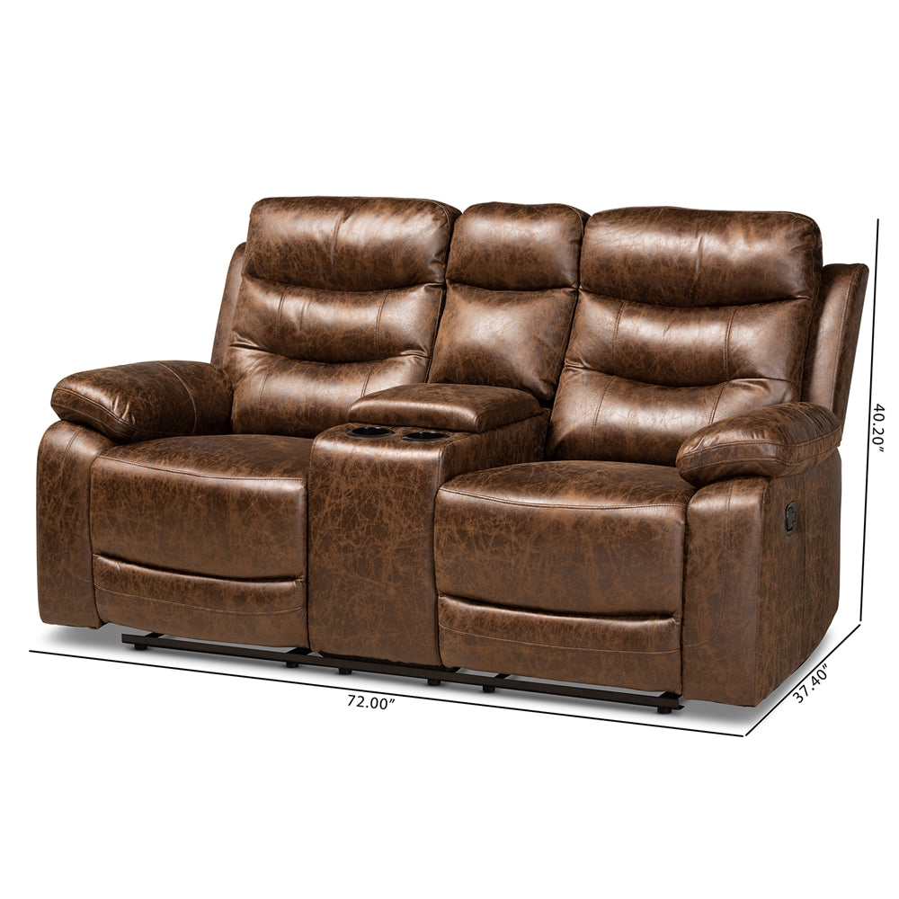 Baxton Studio Beasely Modern And Contemporary Distressed Brown Faux Leather Upholstered 2-Seater Reclining Loveseat