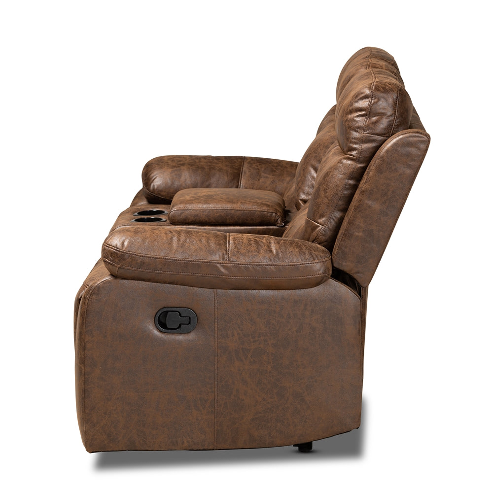 Baxton Studio Beasely Modern And Contemporary Distressed Brown Faux Leather Upholstered 2-Seater Reclining Loveseat