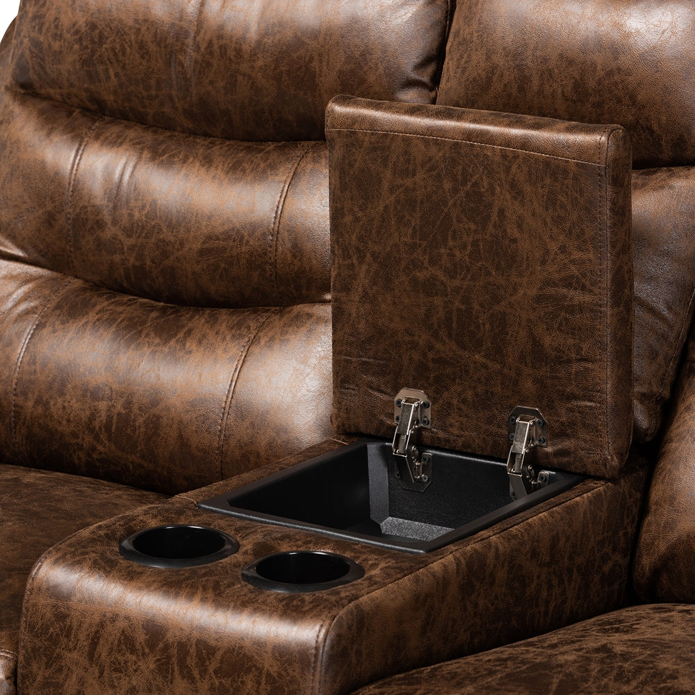 Baxton Studio Beasely Modern And Contemporary Distressed Brown Faux Leather Upholstered 2-Seater Reclining Loveseat