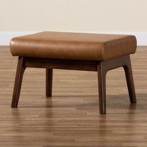 Baxton Studio Bianca Mid-Century Modern Walnut Brown Finished Wood And Tan Faux Leather Effect Ottoman