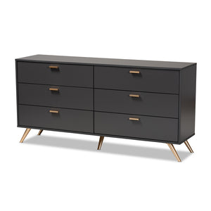 Baxton Studio Kelson Modern And Contemporary Dark Grey And Gold Finished Wood 6-Drawer Dresser