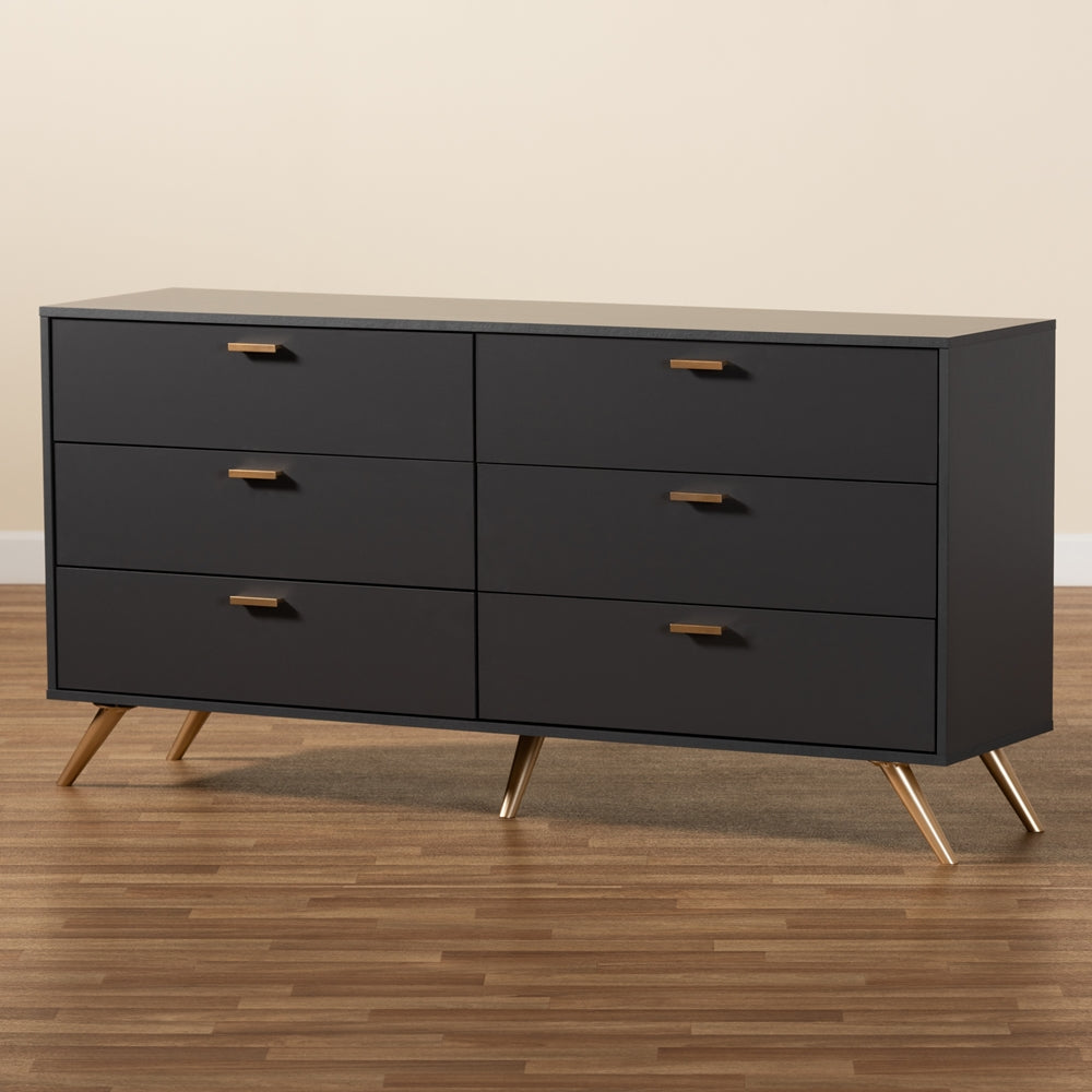 Baxton Studio Kelson Modern And Contemporary Dark Grey And Gold Finished Wood 6-Drawer Dresser