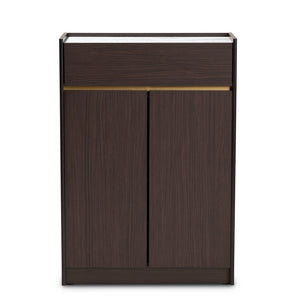 Baxton Studio Walker Modern And Contemporary Dark Brown And Gold Finished Wood Shoe Cabinet With Faux Marble Top