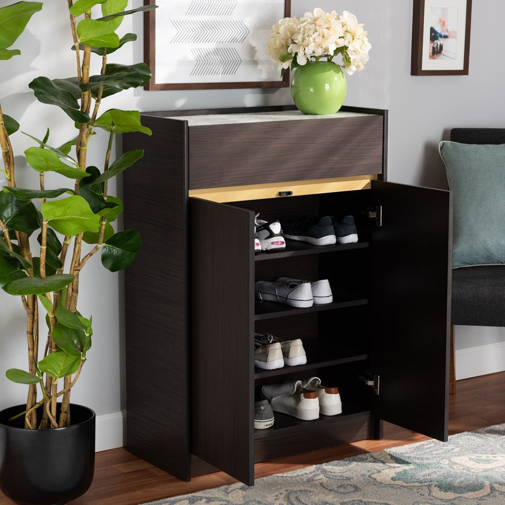 BAXTON STUDIO WALKER MODERN AND CONTEMPORARY DARK BROWN AND GOLD FINISHED WOOD SHOE CABINET WITH FAUX MARBLE TOP