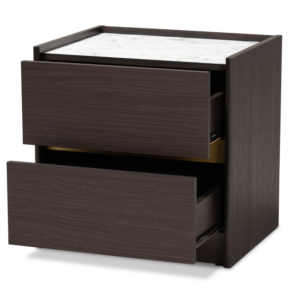 Baxton Studio Walker Modern And Contemporary Dark Brown And Gold Finished Wood Nightstand With Faux Marble Top