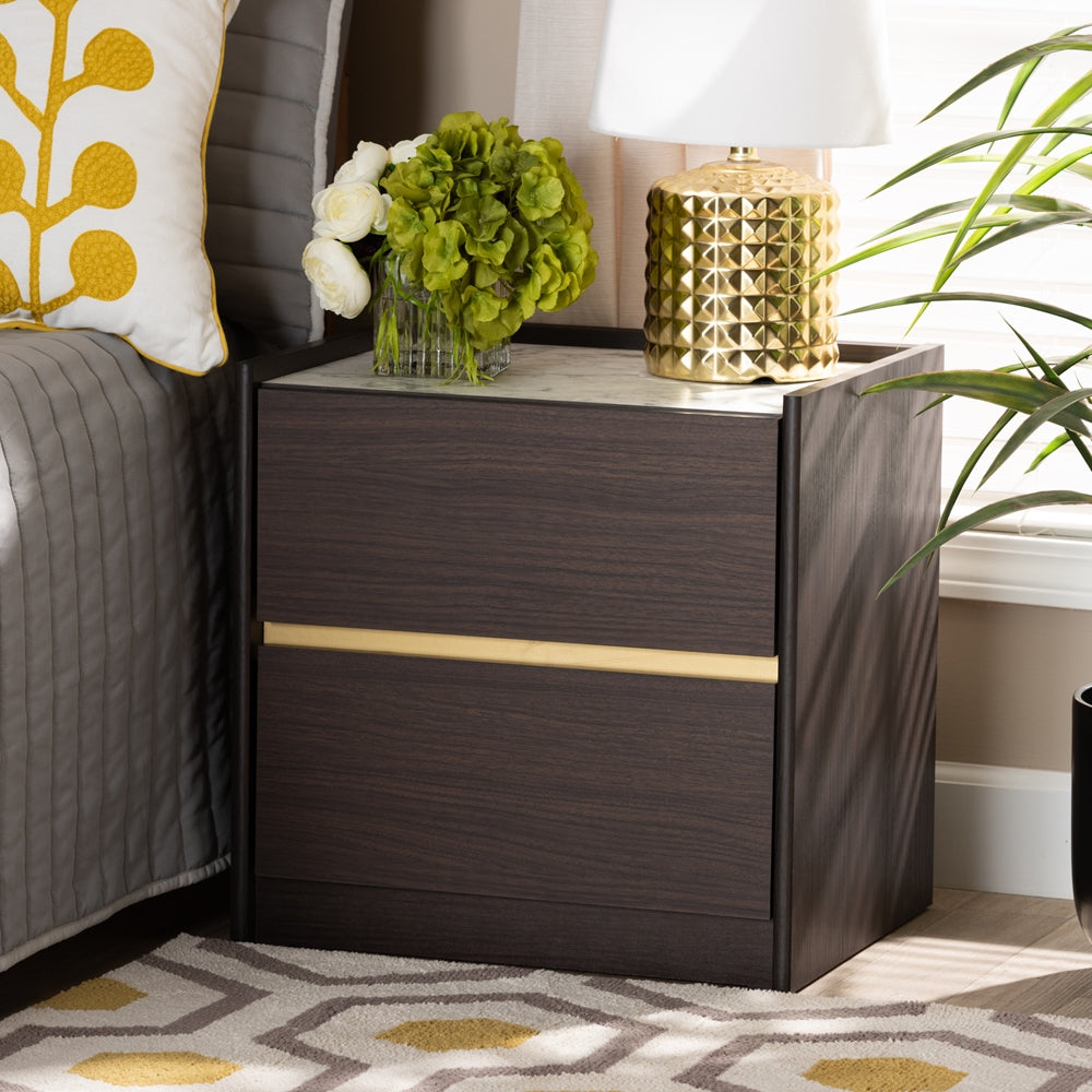 BAXTON STUDIO WALKER MODERN AND CONTEMPORARY DARK BROWN AND GOLD FINISHED WOOD NIGHTSTAND WITH FAUX MARBLE TOP