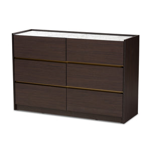 Baxton Studio Walker Modern And Contemporary Dark Brown And Gold Finished Wood 6-Drawer Dresser With Faux Marble Top