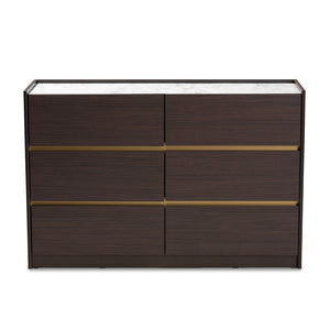 Baxton Studio Walker Modern And Contemporary Dark Brown And Gold Finished Wood 6-Drawer Dresser With Faux Marble Top