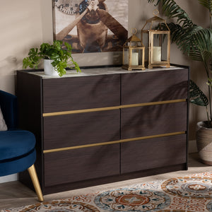 BAXTON STUDIO WALKER MODERN AND CONTEMPORARY DARK BROWN AND GOLD FINISHED WOOD 6-DRAWER DRESSER WITH FAUX MARBLE TOP