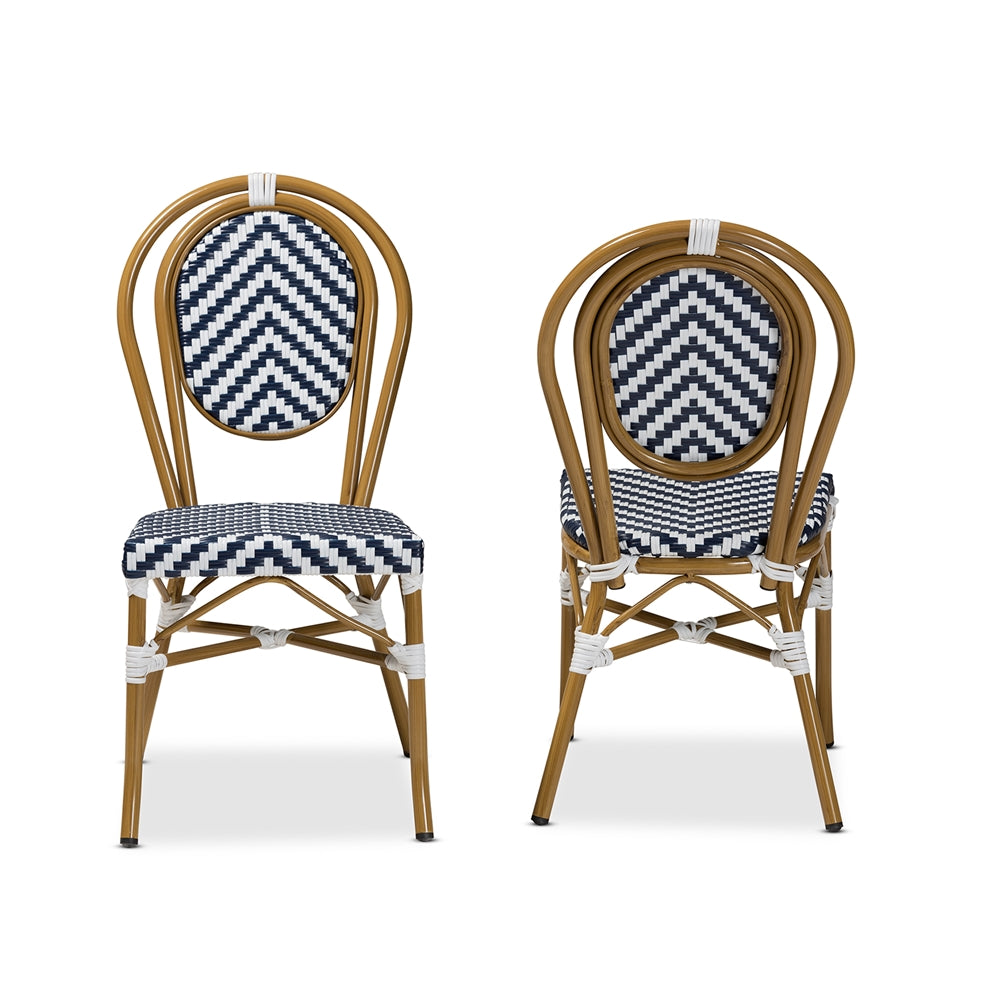 Baxton Studio Alaire Classic French Indoor And Outdoor Blue And White Bamboo Style Stackable 2-Piece Bistro Dining Chair Set