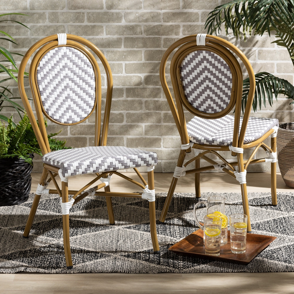 Baxton Studio Alaire Classic French Indoor And Outdoor Grey And White Bamboo Style Stackable 2-Piece Bistro Dining Chair Set