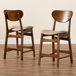 Baxton Studio Katya Mid-Century Modern Sand Fabric Upholstered And Walnut Brown Finished Wood 2-Piece Counter Stool Set