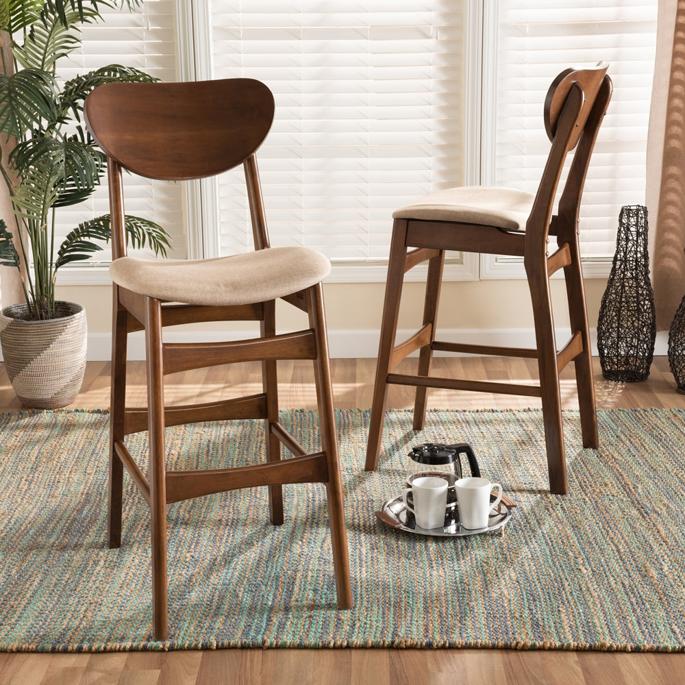 Baxton Studio Katya Mid-Century Modern Sand Fabric Upholstered And Walnut Brown Finished Wood 2-Piece Bar Stool Set