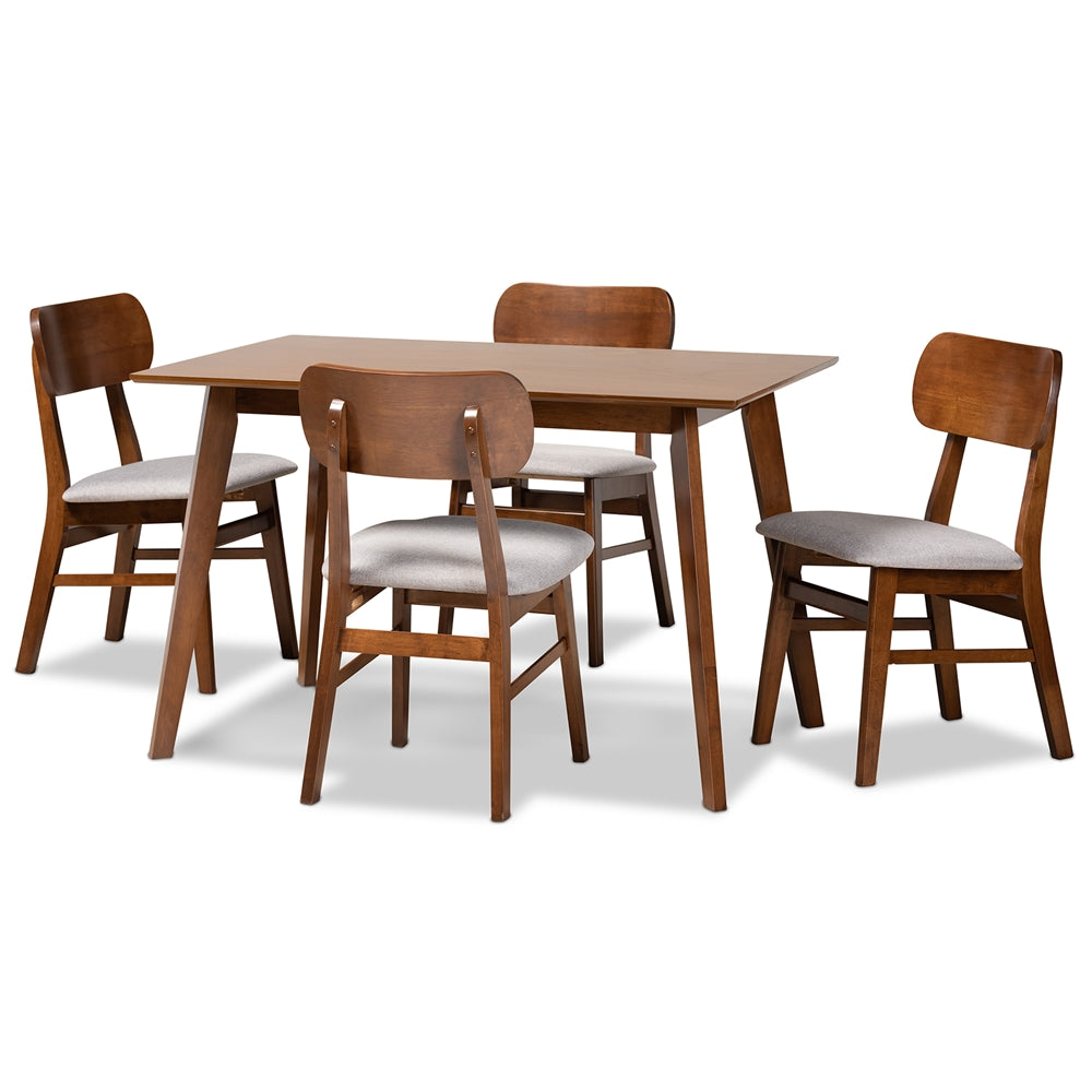 Baxton Studio Euclid Mid-Century Modern Fabric Upholstered and Walnut Brown Finished Wood 5-Piece Dining Set