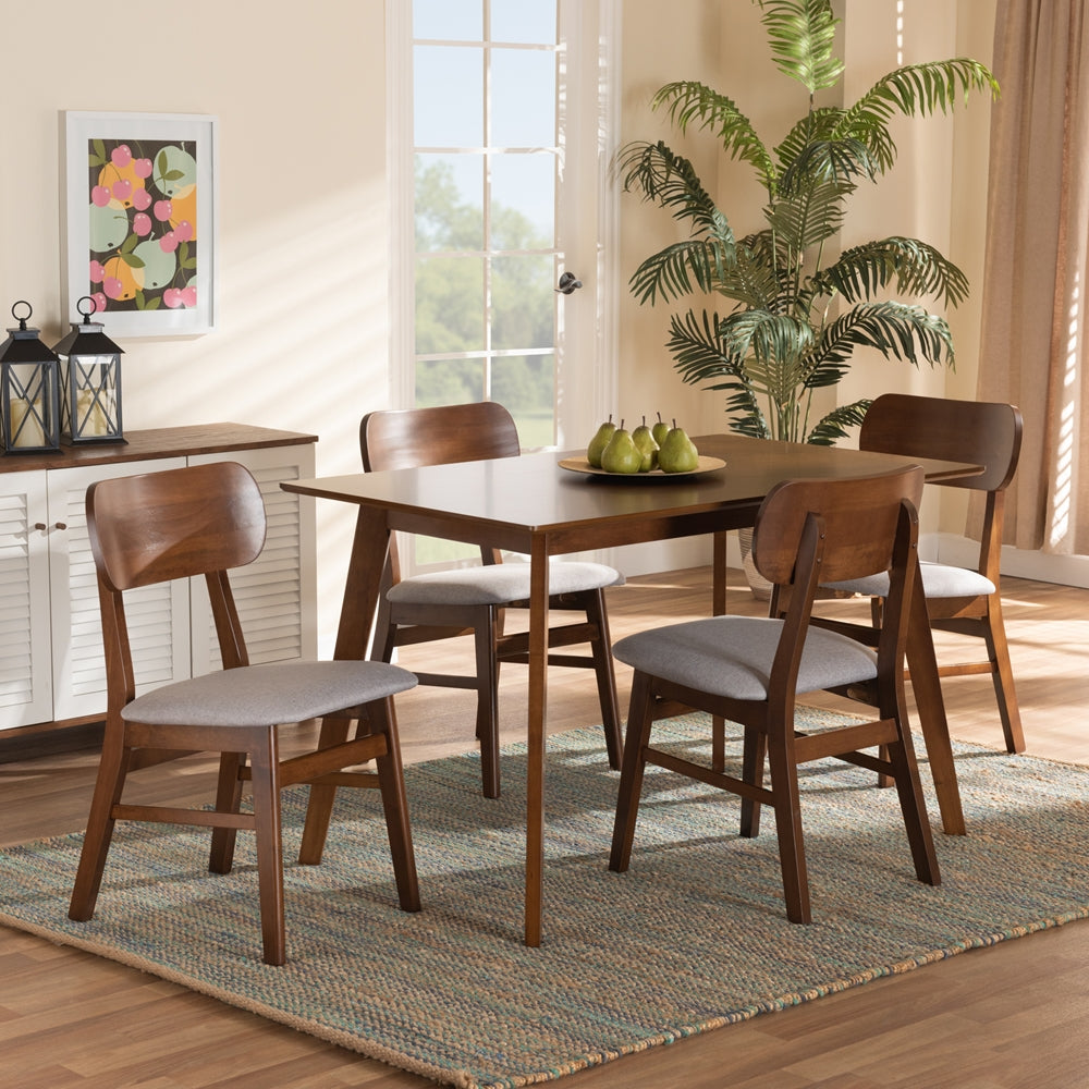 Baxton Studio Euclid Mid-Century Modern Grey Fabric Upholstered And Walnut Brown Finished Wood 5-Piece Dining Set