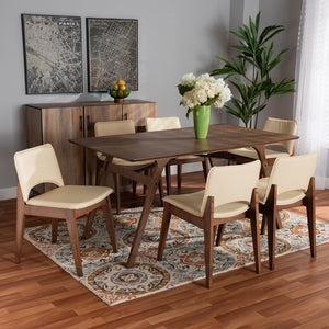 Baxton Studio Afton Mid-Century Modern Beige Faux Leather Upholstered And Walnut Brown Finished Wood 7-Piece Dining Set