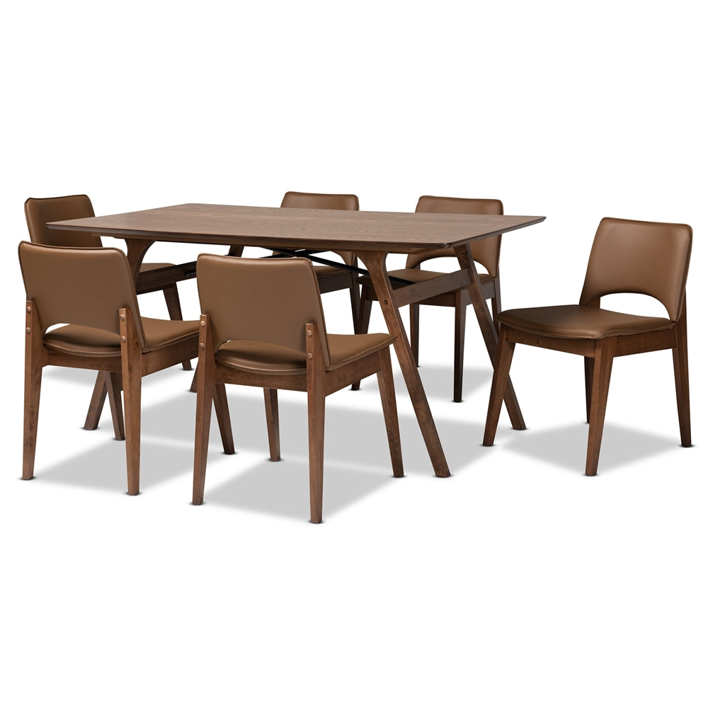 Baxton Studio Afton Mid-Century Modern Brown Faux Leather Upholstered And Walnut Brown Finished Wood 7-Piece Dining Set