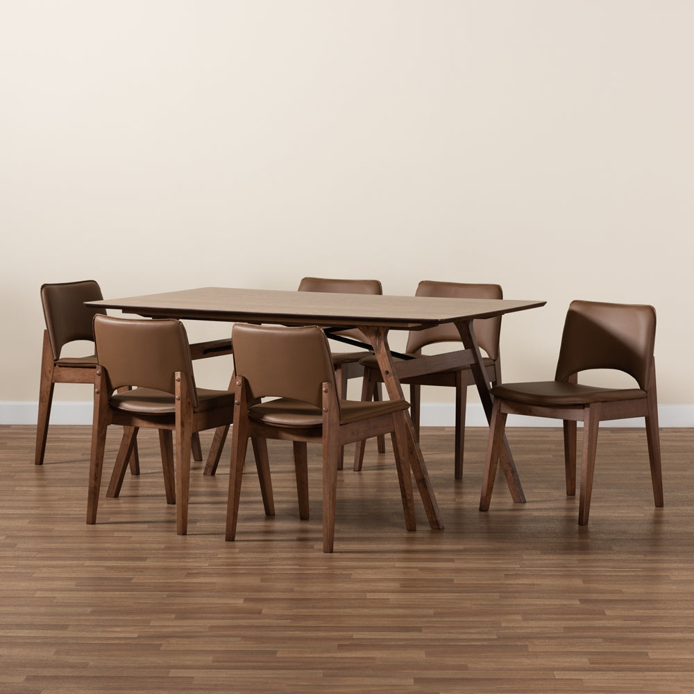 Baxton Studio Afton Mid-Century Modern Brown Faux Leather Upholstered And Walnut Brown Finished Wood 7-Piece Dining Set