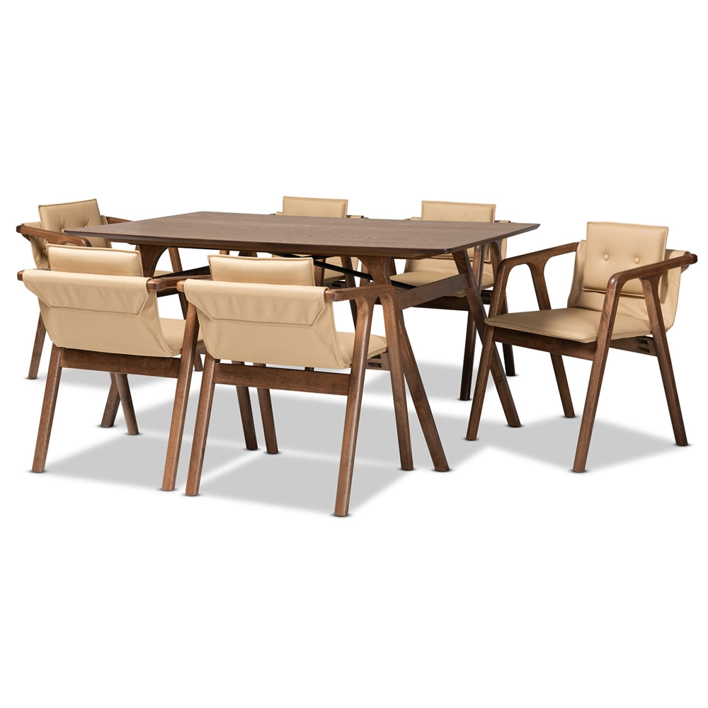 Baxton Studio Marcena Mid-Century Modern Beige Imitation Leather Upholstered And Walnut Brown Finished Wood 7-Piece Dining Set