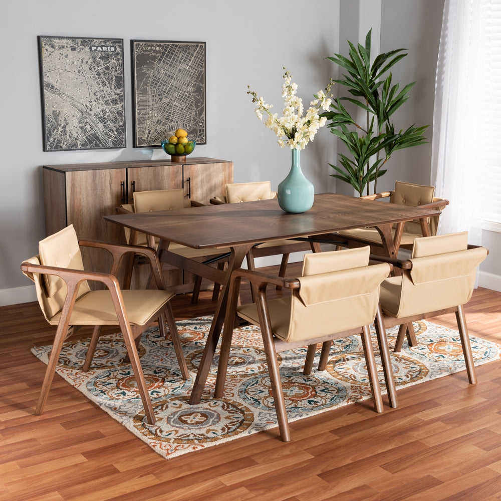 Baxton Studio Marcena Mid-Century Modern Beige Imitation Leather Upholstered And Walnut Brown Finished Wood 7-Piece Dining Set