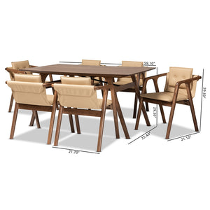 Baxton Studio Marcena Mid-Century Modern Beige Imitation Leather Upholstered And Walnut Brown Finished Wood 7-Piece Dining Set