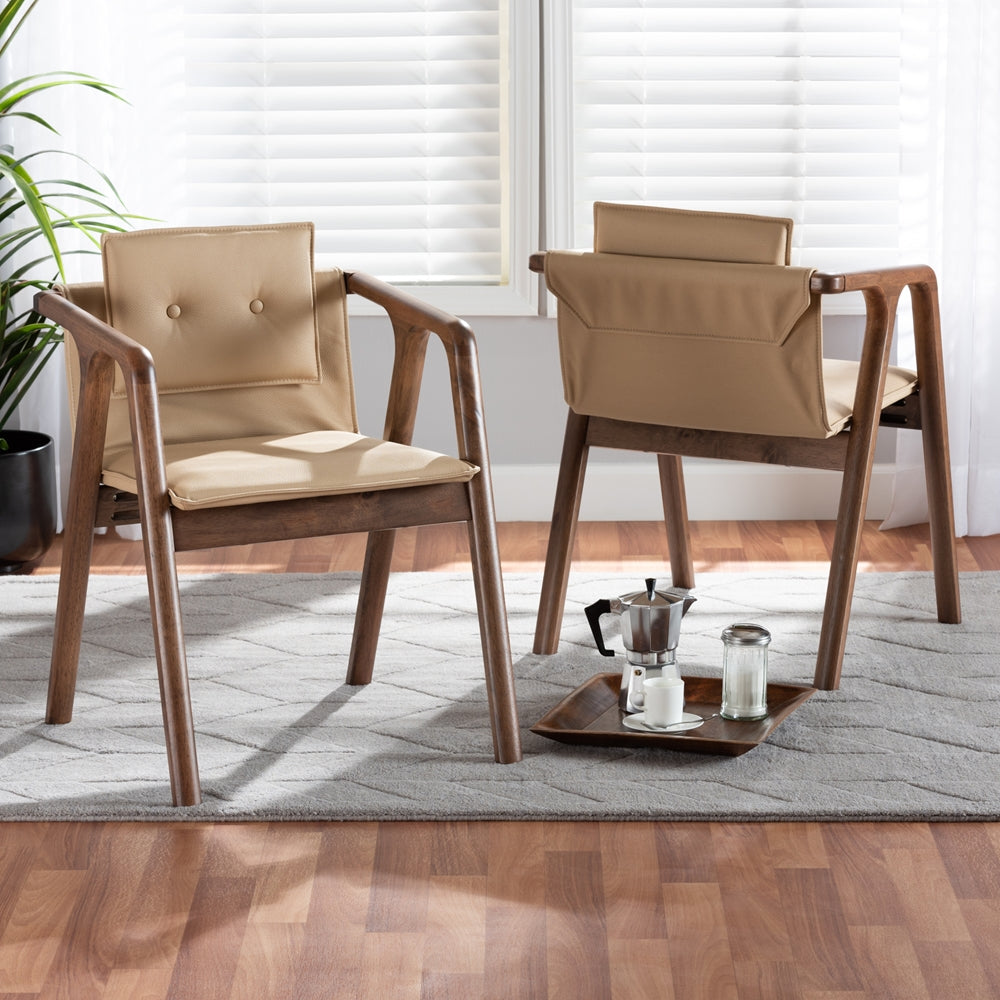 Baxton Studio Marcena Mid-Century Modern Beige Imitation Leather Upholstered And Walnut Brown Finished Wood 2-Piece Dining Chair Set