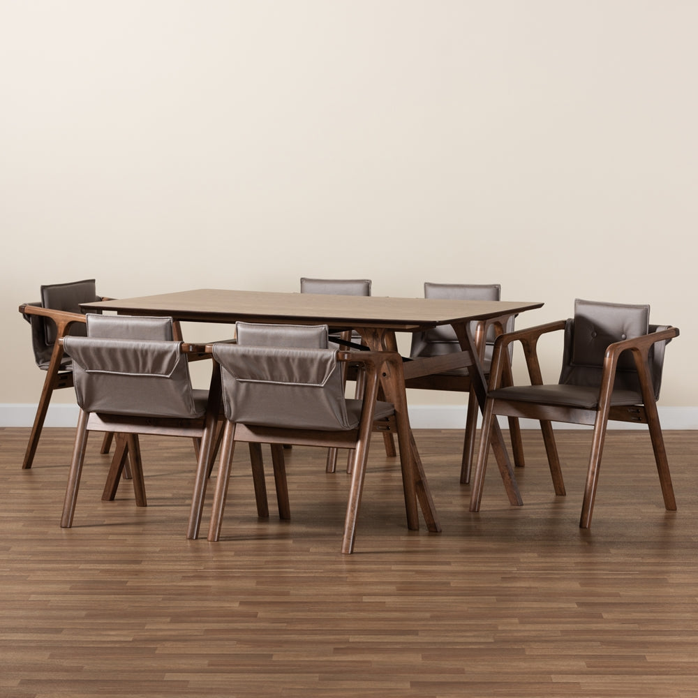 Baxton Studio Marcena Mid-Century Modern Grey Imitation Leather Upholstered And Walnut Brown Finished Wood 7-Piece Dining Set