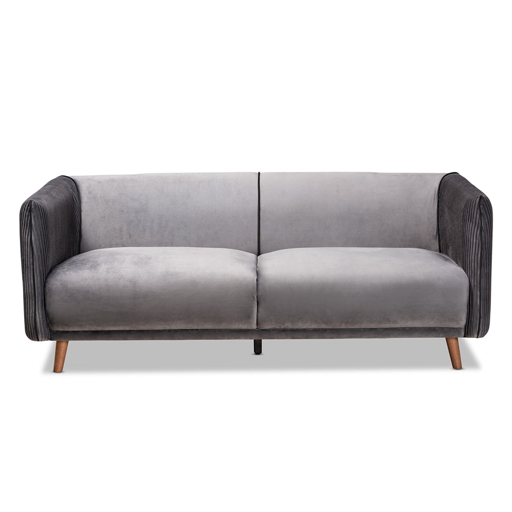 Baxton Studio Beacher Modern And Contemporary Grey Velvet Fabric Upholstered And Walnut Brown Finished Wood Sofa