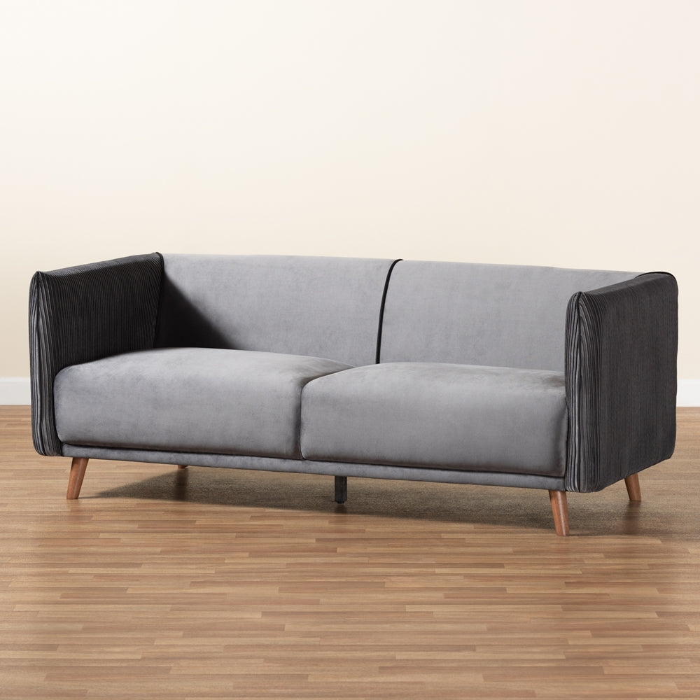 Baxton Studio Beacher Modern And Contemporary Grey Velvet Fabric Upholstered And Walnut Brown Finished Wood Sofa