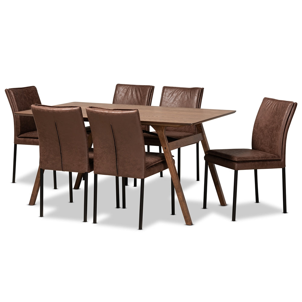 Baxton Studio Gerard Modern And Contemporary Distressed Brown Fabric Upholstered And Black Finished Metal With Walnut Brown Finished Wood 7-Piece Dining Set