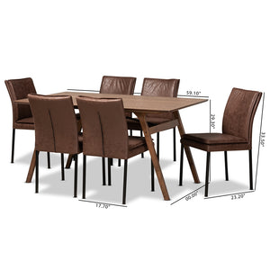 Baxton Studio Gerard Modern And Contemporary Distressed Brown Fabric Upholstered And Black Finished Metal With Walnut Brown Finished Wood 7-Piece Dining Set