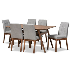 Baxton Studio Tara Mid-Century Modern Light Grey Fabric Upholstered And Walnut Brown Finished Wood 7-Piece Dining Set