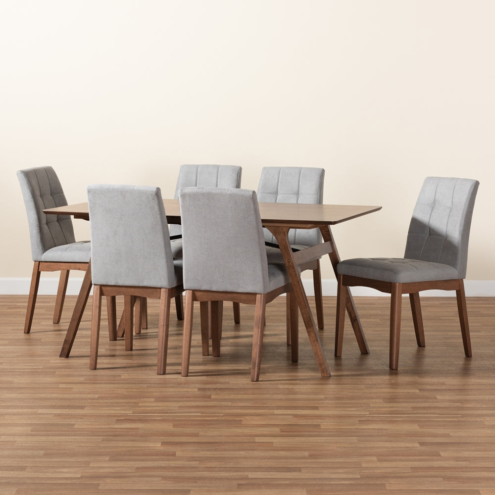 Baxton Studio Tara Mid-Century Modern Light Grey Fabric Upholstered And Walnut Brown Finished Wood 7-Piece Dining Set