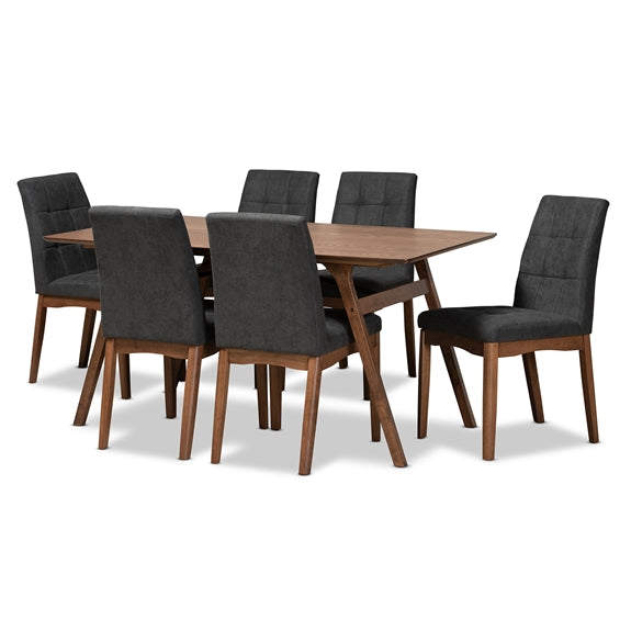 Baxton Studio Tara Mid-Century Modern Fabric Upholstered and Walnut Brown Finished Wood 7-Piece Dining Set