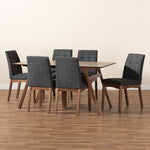 Load image into Gallery viewer, Baxton Studio Tara Mid-Century Modern Dark Grey Fabric Upholstered And Walnut Brown Finished Wood 7-Piece Dining Set
