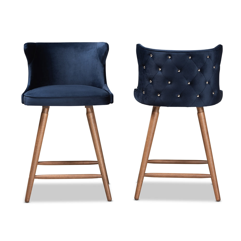 Baxton Studio Sagira Modern And Contemporary Transitional Navy Blue Velvet Fabric Upholstered And Walnut Brown Finished Wood 2-Piece Counter Stool Set